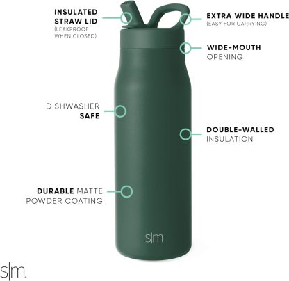 Simkhjgple Modern Water Bottle with Straw lid | Insulated Stainless Steel Thermos | Reusable Travel Water Bottles for Gym & Sports | Leak Proof & BPA Free | Mesa Collection | 34oz, Sea Glass Sage