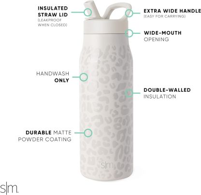Simkhjgple Modern Water Bottle with Straw lid | Insulated Stainless Steel Thermos | Reusable Travel Water Bottles for Gym & Sports | Leak Proof & BPA Free | Mesa Collection | 34oz, Sea Glass Sage