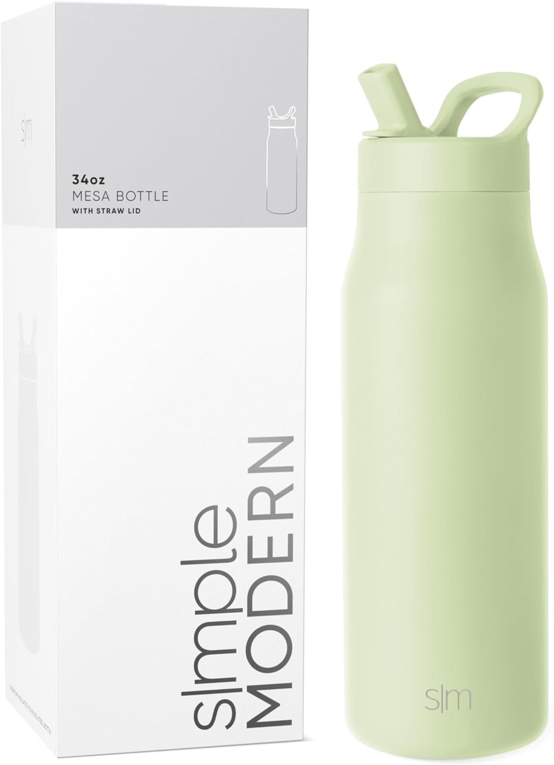 Simkhjgple Modern Water Bottle with Straw lid | Insulated Stainless Steel Thermos | Reusable Travel Water Bottles for Gym & Sports | Leak Proof & BPA Free | Mesa Collection | 34oz, Sea Glass Sage