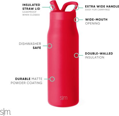 Simkhjgple Modern Water Bottle with Straw lid | Insulated Stainless Steel Thermos | Reusable Travel Water Bottles for Gym & Sports | Leak Proof & BPA Free | Mesa Collection | 34oz, Sea Glass Sage