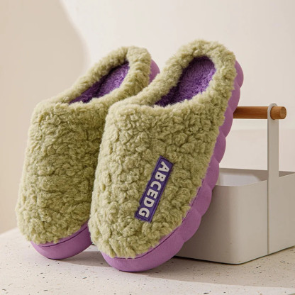 Women Plush Slippers Soft Plush Cotton Slippers Shoes Fashion Color Contrast Non-Slip Floor Indoor Flop Flip Bedroom Warm Winter