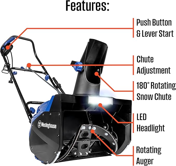 Westinghouse WSnow18D Corded Snow Blower 18-inches Wide, Dual LED Lights, Electric Snow Blower with 25ft Throwing Distance, Plows 720lbs/min, Adjustable Chute
