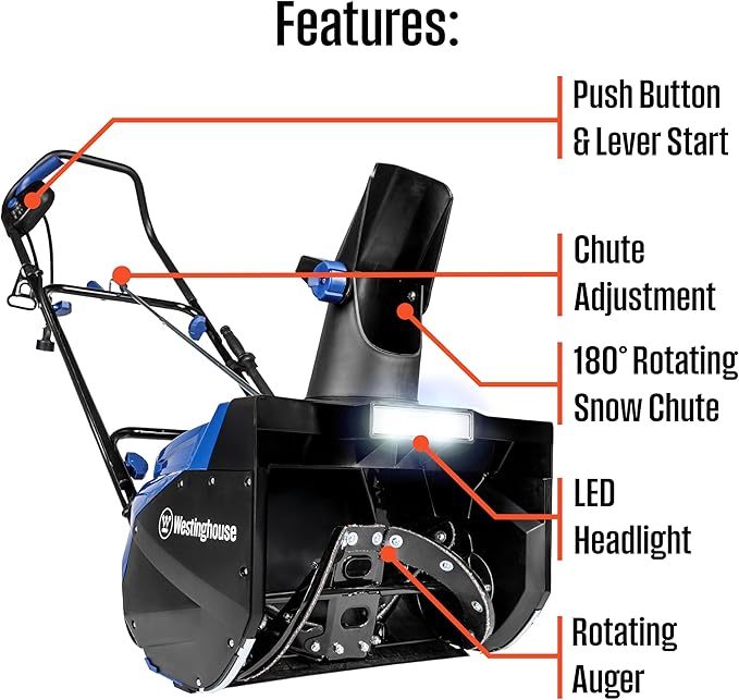 Westinghouse WSnow18D Corded Snow Blower 18-inches Wide, Dual LED Lights, Electric Snow Blower with 25ft Throwing Distance, Plows 720lbs/min, Adjustable Chute