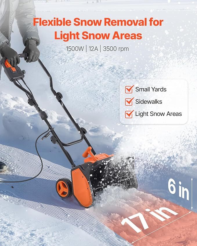 VEVOR Electric Snow Shovel, 12A 17 inch Corded Snow Shovel, 60° Adjustable Chute, 20 ft Throwing Distance, Snowthrower with Dual Safety Switch, Winter Ice Removal Tool for Driveway Sidewalk Patio