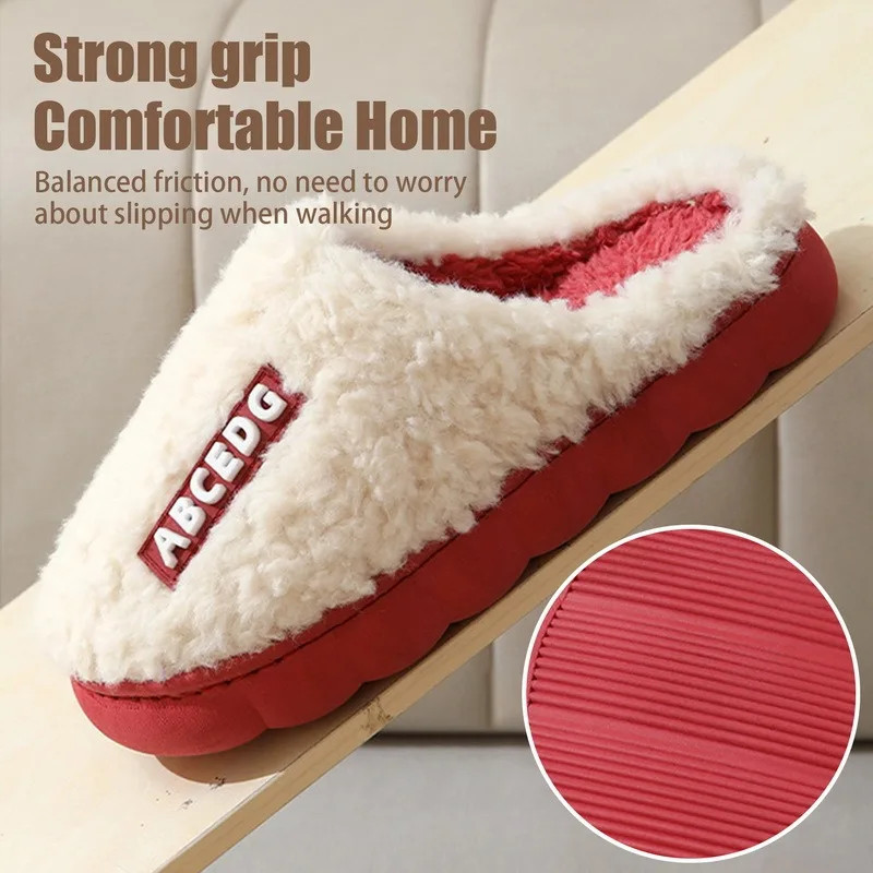 Women Plush Slippers Soft Plush Cotton Slippers Shoes Fashion Color Contrast Non-Slip Floor Indoor Flop Flip Bedroom Warm Winter
