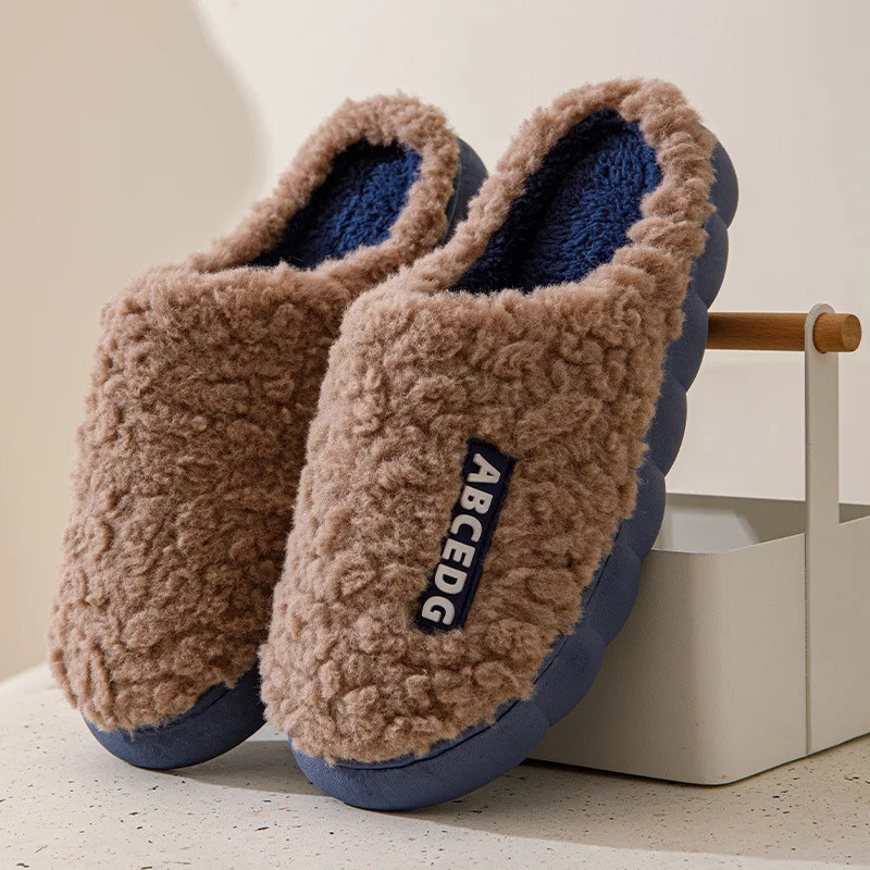 Women Plush Slippers Soft Plush Cotton Slippers Shoes Fashion Color Contrast Non-Slip Floor Indoor Flop Flip Bedroom Warm Winter