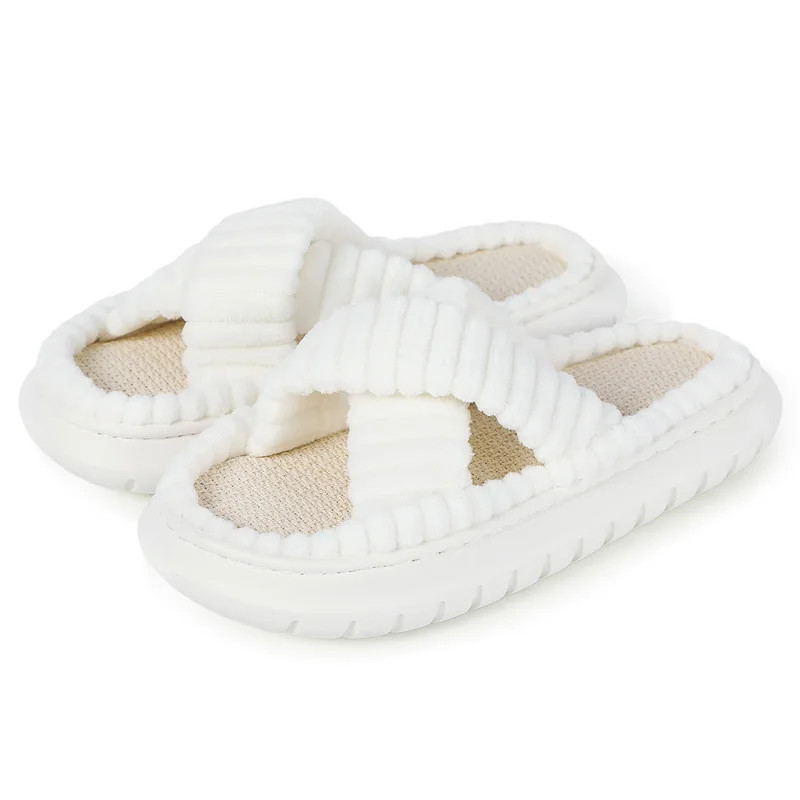 2024 New Fashion Cross Cotton Linen Slippers Women Autumn Home Thick Platform Flat Slides Floor Mute Slippers Comfort Flip Flops