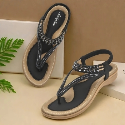 Women's T-strap flat sandals with sparkling rhinestones