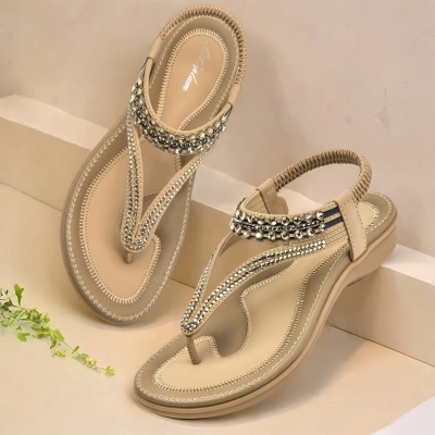 Women's T-strap flat sandals with sparkling rhinestones