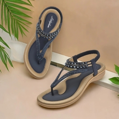 Women's T-strap flat sandals with sparkling rhinestones