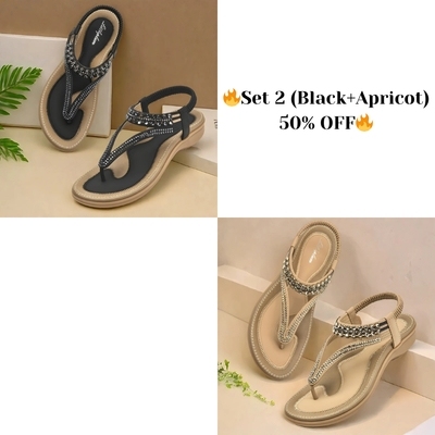 Women's T-strap flat sandals with sparkling rhinestones