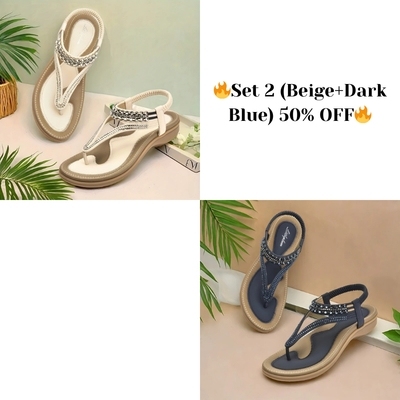 Women's T-strap flat sandals with sparkling rhinestones