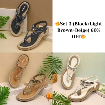 Women's T-strap flat sandals with sparkling rhinestones