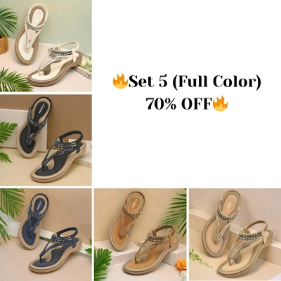 Women's T-strap flat sandals with sparkling rhinestones