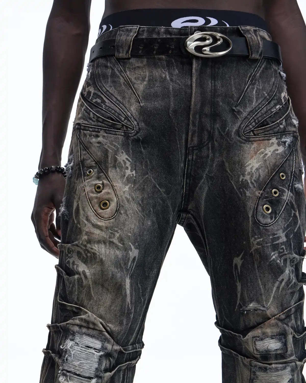 Personsoul Snake-Pattern Totem Slim-Fit Jeans