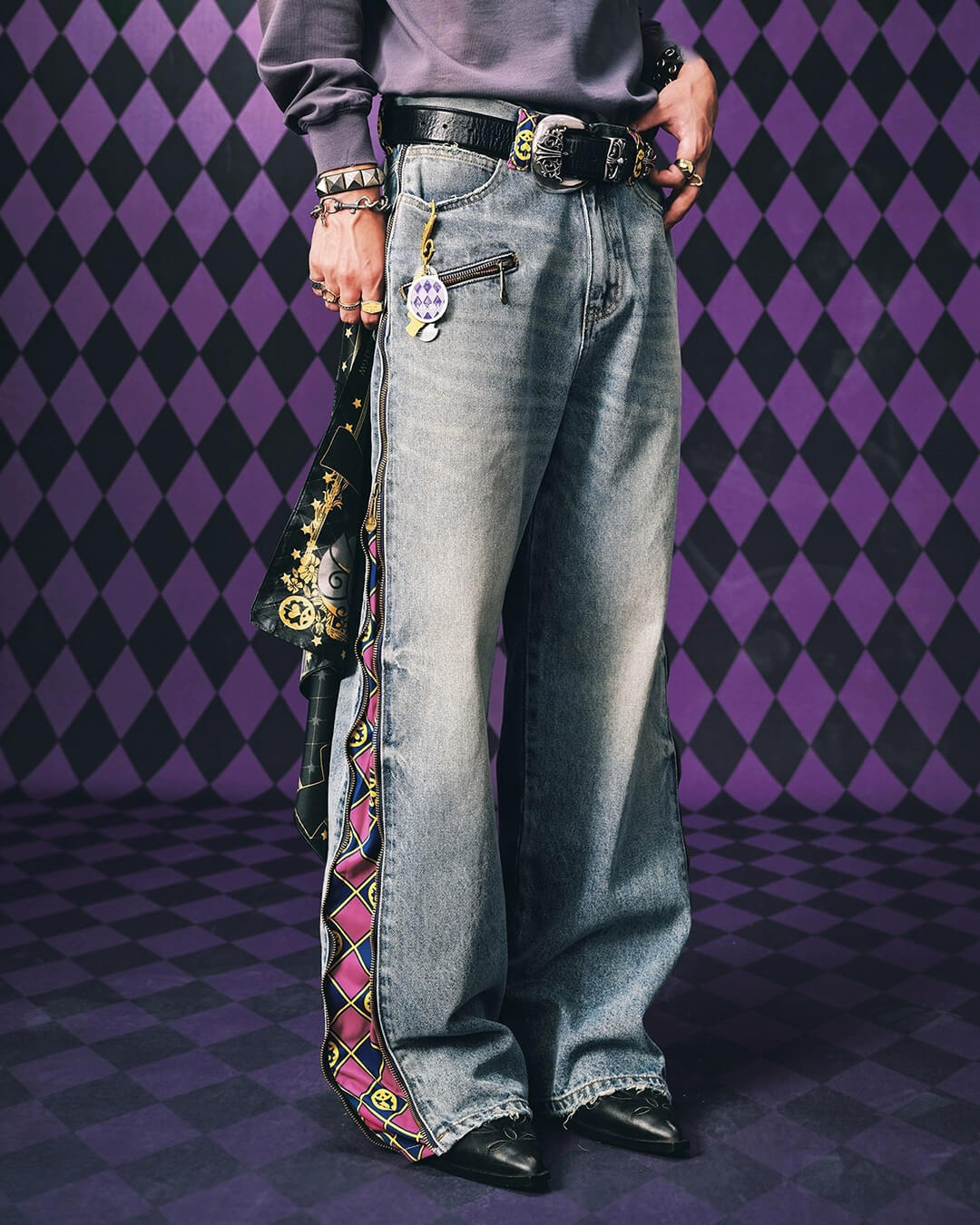 2026 MEDM × JOJO Side Zipper Contrast Checkered Washed Jeans