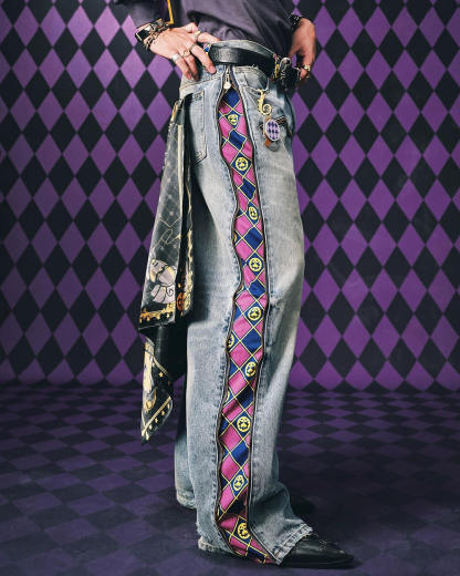 2026 MEDM × JOJO Side Zipper Contrast Checkered Washed Jeans