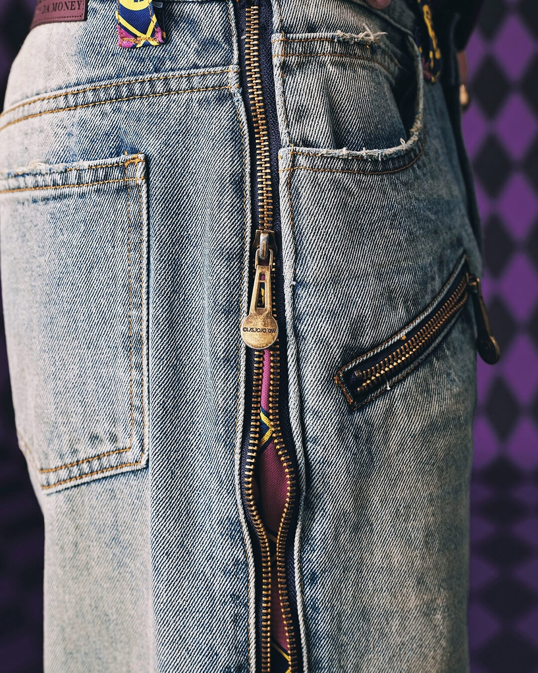 2026 MEDM × JOJO Side Zipper Contrast Checkered Washed Jeans