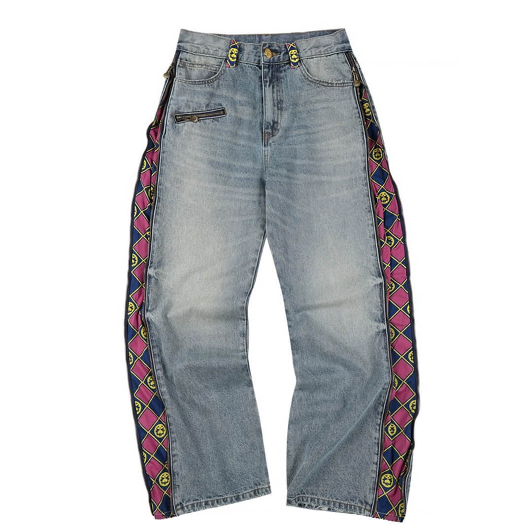2026 MEDM × JOJO Side Zipper Contrast Checkered Washed Jeans