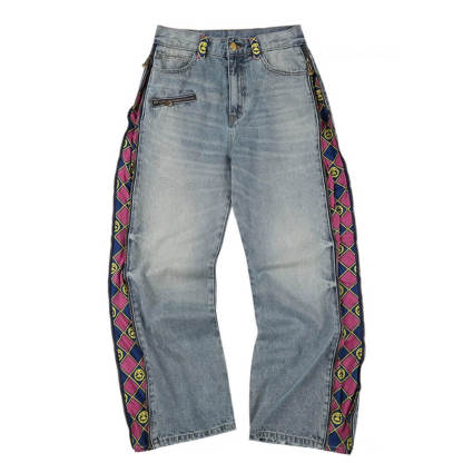 2026 MEDM × JOJO Side Zipper Contrast Checkered Washed Jeans