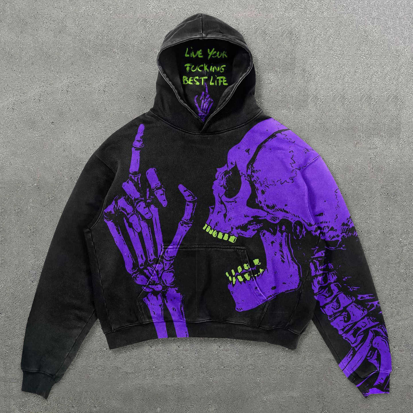 Skull Letters Print Long Sleeve Hoodie-Shadeston