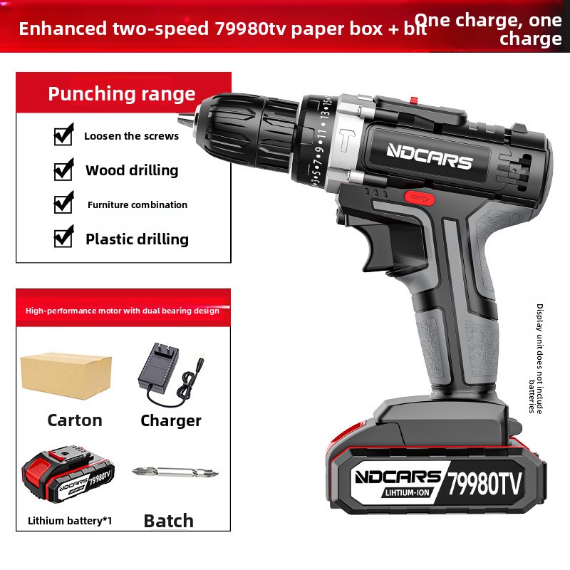 Industrial Grade High Power Electric Hand Drill Lithium Battery Dual Speed Rechargeable Drill Impact Drill Household Multifunctional Electric Screwdriver