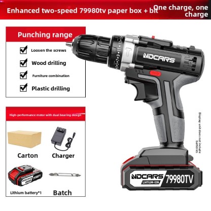Industrial Grade High Power Electric Hand Drill Lithium Battery Dual Speed Rechargeable Drill Impact Drill Household Multifunctional Electric Screwdriver