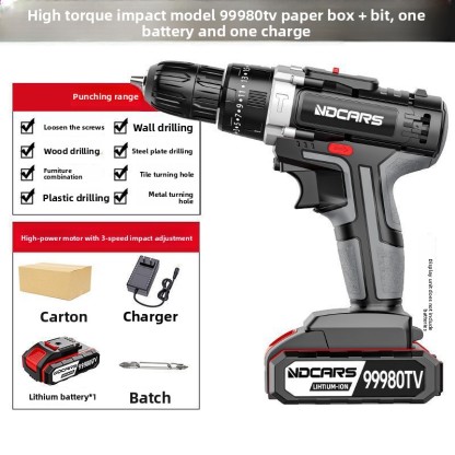 Industrial Grade High Power Electric Hand Drill Lithium Battery Dual Speed Rechargeable Drill Impact Drill Household Multifunctional Electric Screwdriver