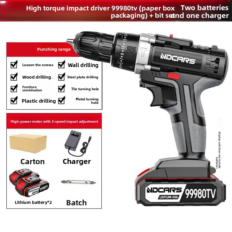 Industrial Grade High Power Electric Hand Drill Lithium Battery Dual Speed Rechargeable Drill Impact Drill Household Multifunctional Electric Screwdriver