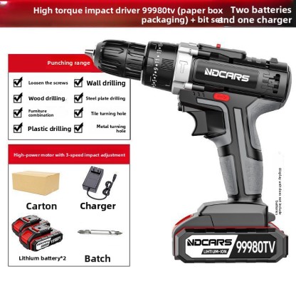 Industrial Grade High Power Electric Hand Drill Lithium Battery Dual Speed Rechargeable Drill Impact Drill Household Multifunctional Electric Screwdriver