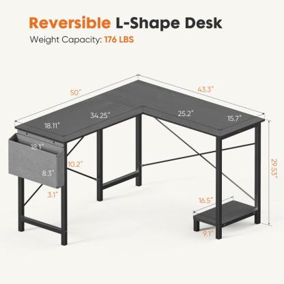 50 Inch L Shaped Office Desk with Storage and CPU Stand