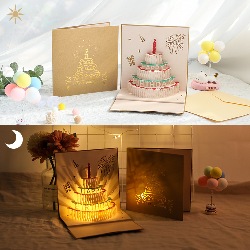 Biglietto Di Auguri Di Compleanno 3d Luminoso Con Registrazione, Design Pop-up Per Torta Con Messaggio Vocale Ed Effetto Led