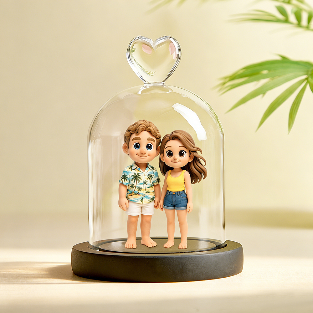 Custom 3D Figurine Couple From Your Photo with Heart Glass Dome Personalized Romantic Keepsake Gift for Anniversary Wedding Valentine
