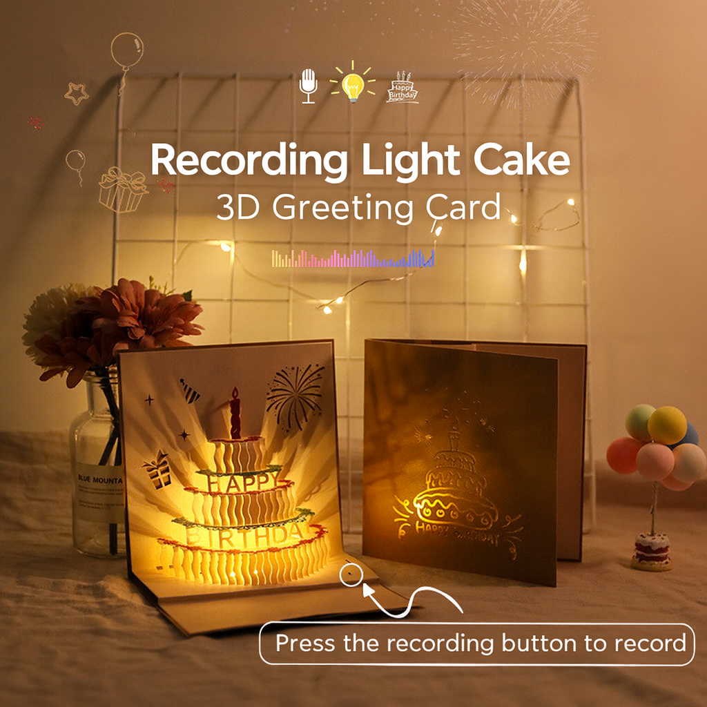 Biglietto Di Auguri Di Compleanno 3d Luminoso Con Registrazione, Design Pop-up Per Torta Con Messaggio Vocale Ed Effetto Led