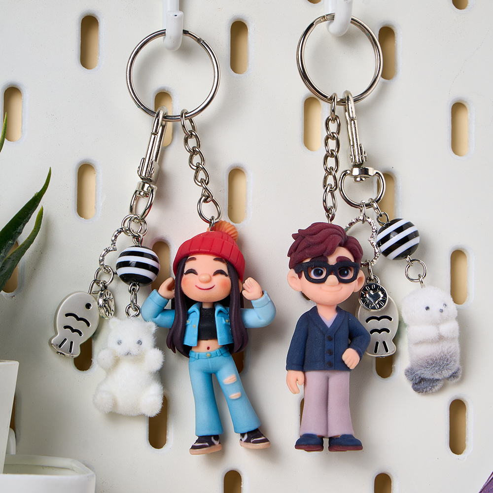Custom 3D Cartoon Couple Keychain Personalized Mini Figure Keyring Flocked Animal Plush CharmCute Character Charm Gift for Couples Friends Bags