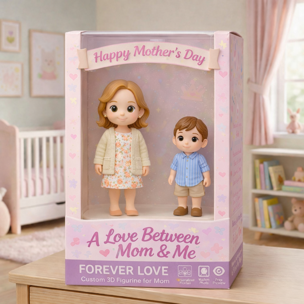 Statuetta 3d Personalizzata A Cartone Animato Da Foto, Regalo Per La Festa Della Mamma: Mamma E Bambino In Stile Chibi, Con Scatola Floreale. - 