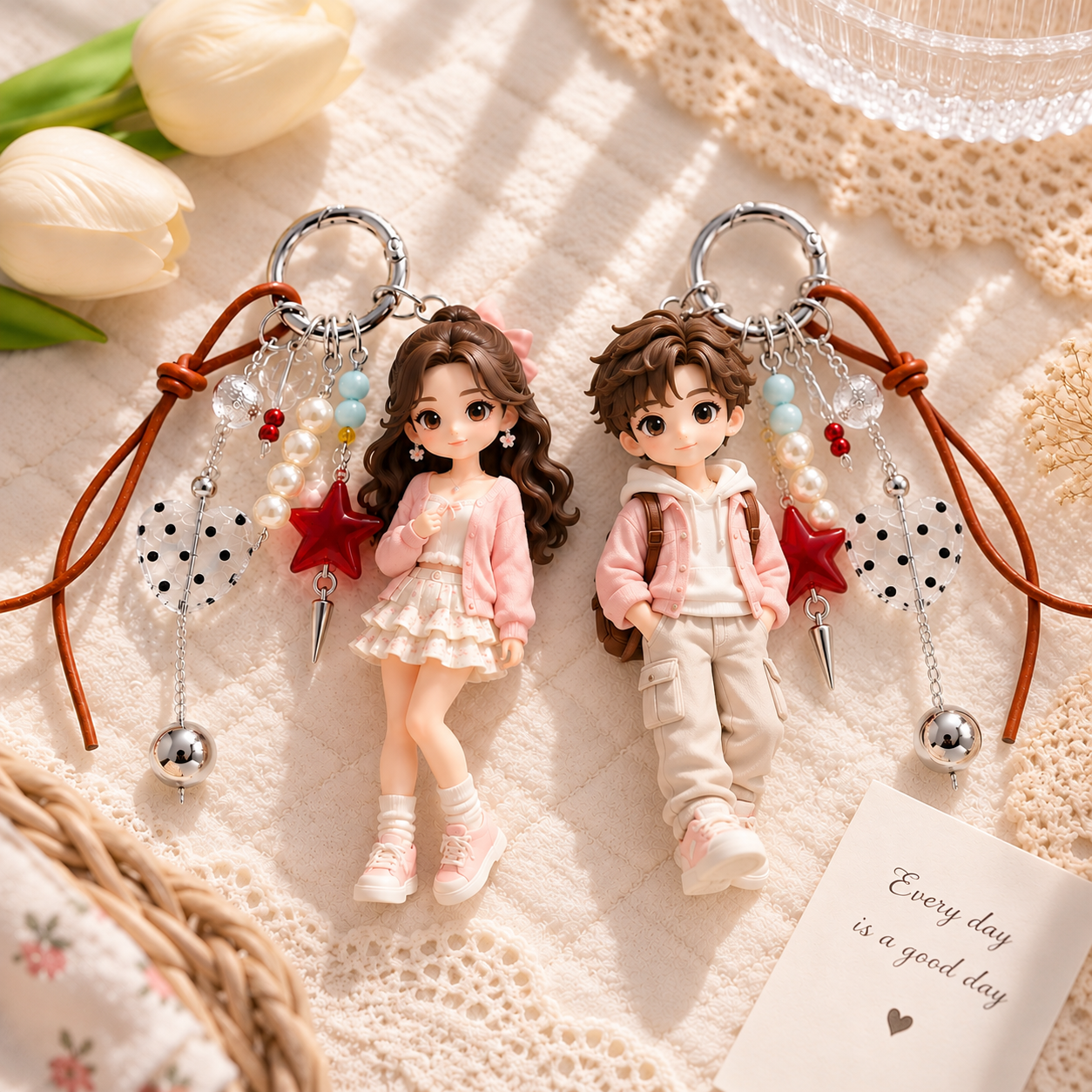 Figura Portachiavi 3D Personalizzata Da Foto Con Pendente A Forma Di Stella Vintage Con Perline Mini Portachiavi Personalizzato Con Figurine, Regalo Ricordo Unico - 