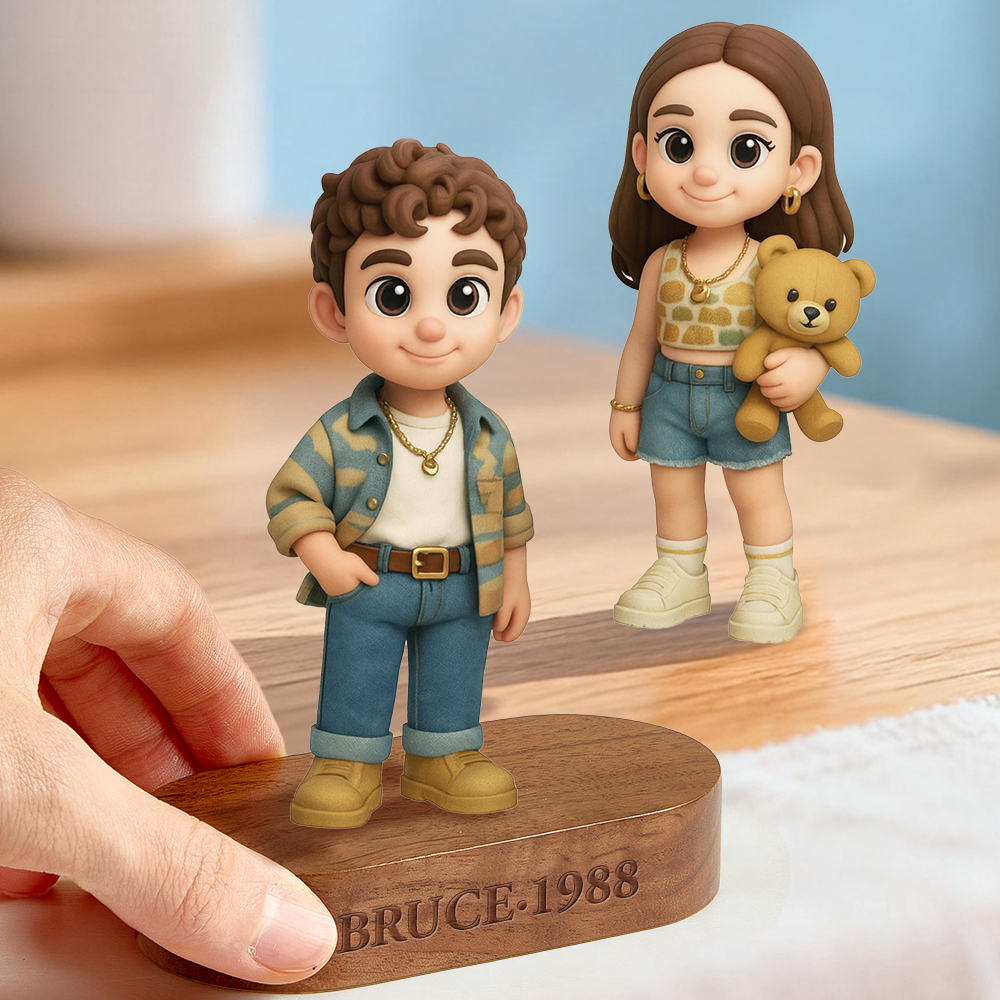 Custom 3D Figurine Engraved Wooden Base Personalized Solid Wood Stand for Home Decor & Anniversary Keepsake Gift