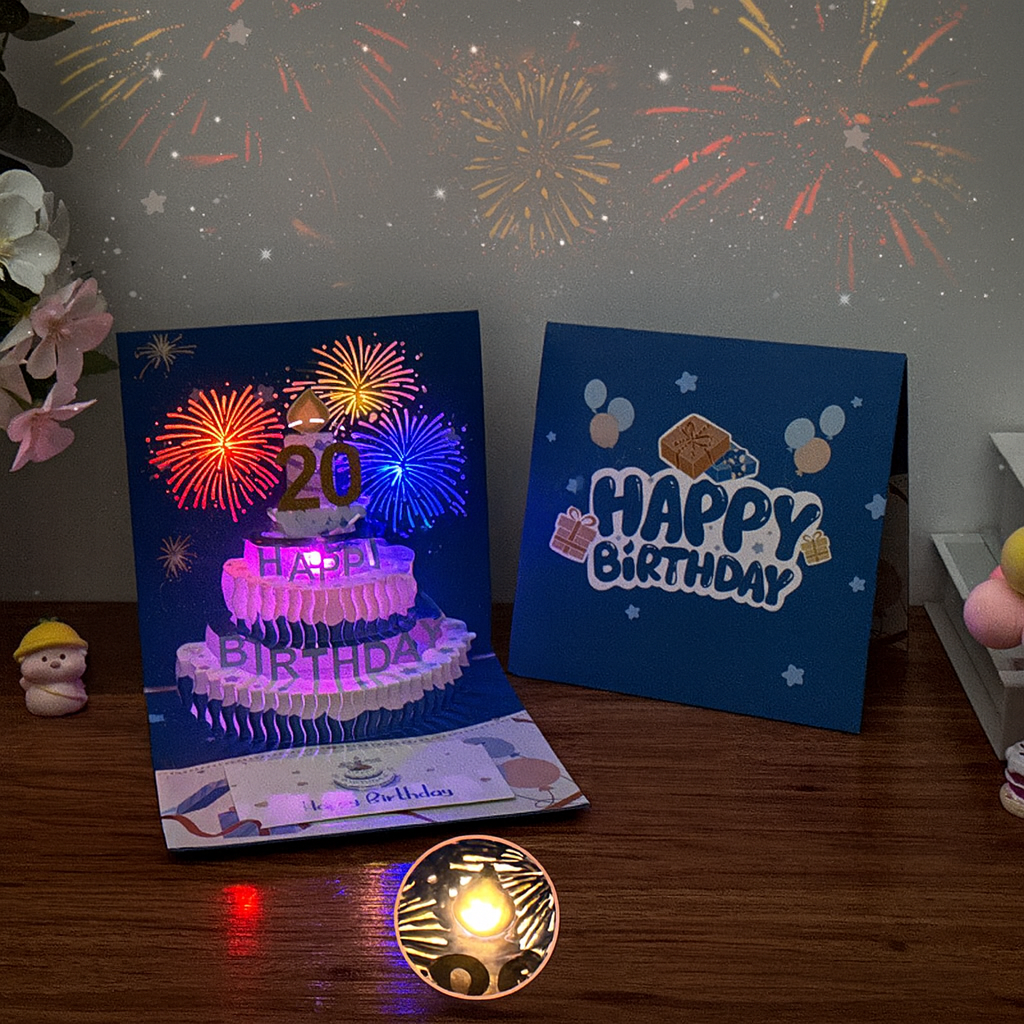 Musical 3D Pop-Up Birthday Cake Card with Firework Light Effects Blow-to-Light Candle Interactive Foldable Greeting Card