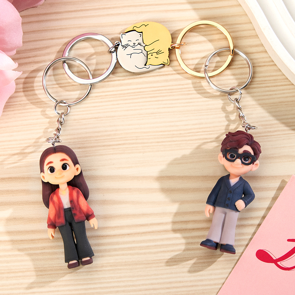Custom 3D Figurine Keychain From Photo Cat Couple Matching Key Rings Keyring Personalized Romantic Gift for Couples Valentines Day Anniversary