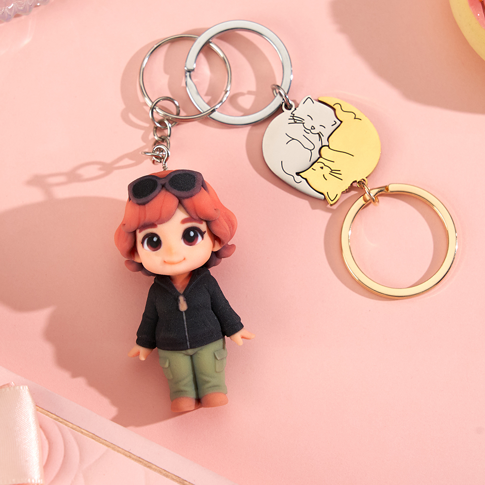 Custom 3D Figurine Keychain From Photo Cat Couple Matching Key Rings Keyring Personalized Romantic Gift for Couples Valentines Day Anniversary