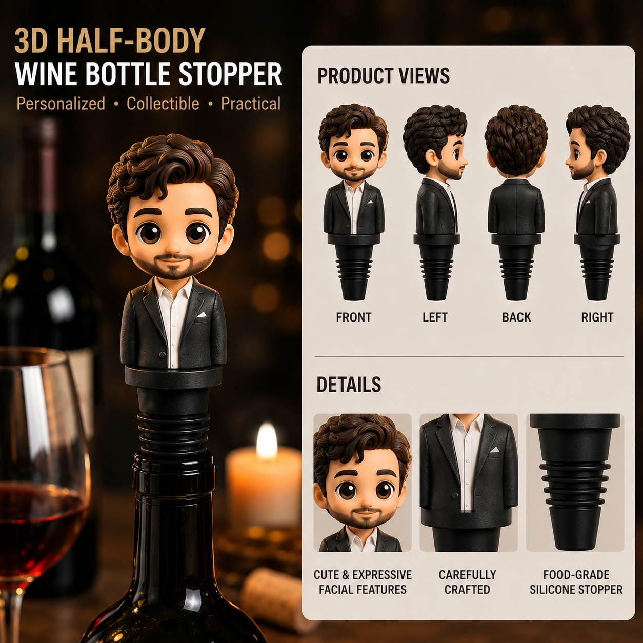 Tappo Per Bottiglia Di Vino Personalizzato Con Busto 3D Da Foto, Regalo Personalizzato Per Lui, Regalo Unico Per Gli Amanti Del Vino. - 