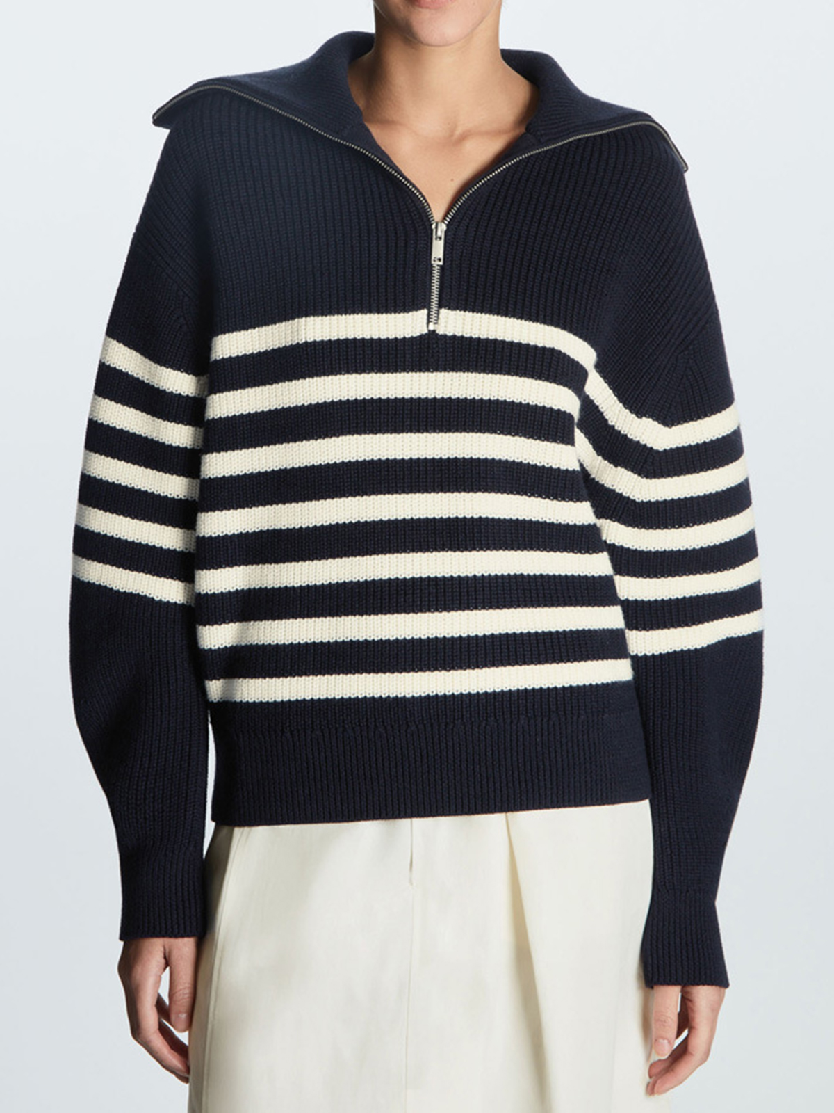 Women's Lapel Striped Pullover Zipper Sweater