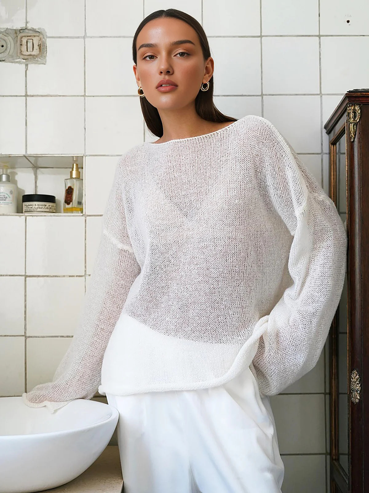 Women's See-Through Round Neck Bell Sleeve Knitted T-Shirt