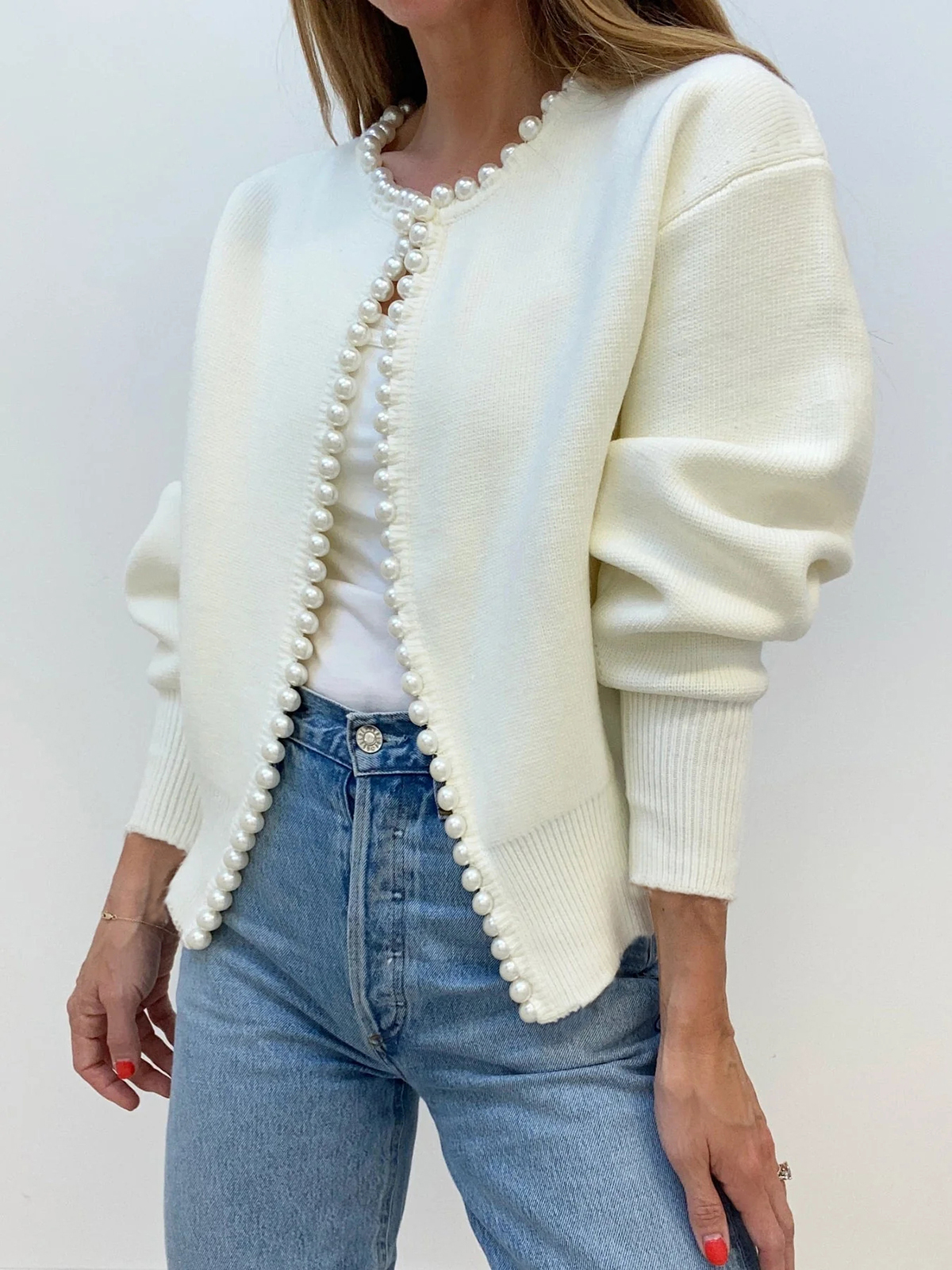 Women's Round Neck Pearl Trim Cropped Cardigan Sweater