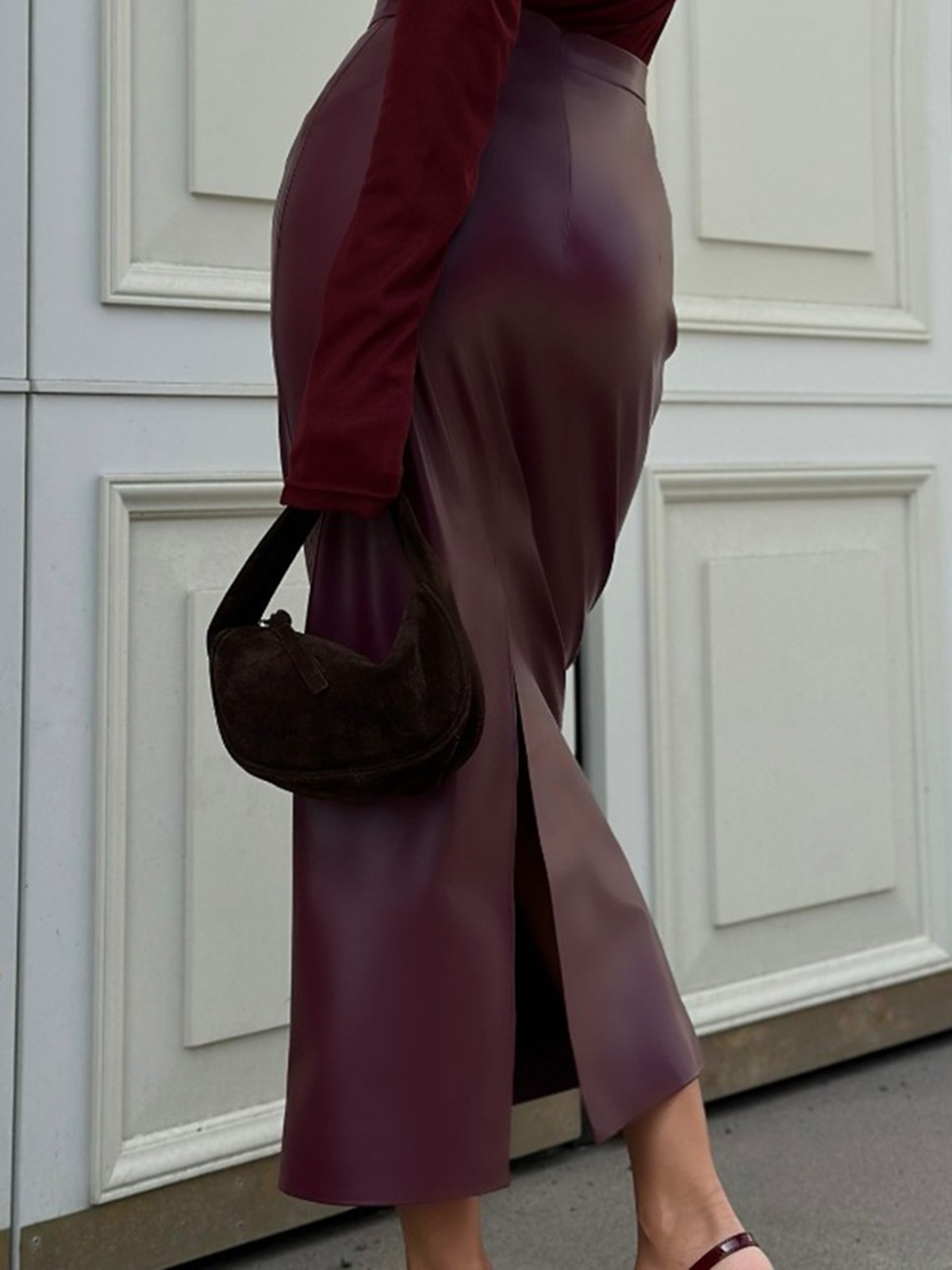 High Waisted Slit Hip Leather Skirt