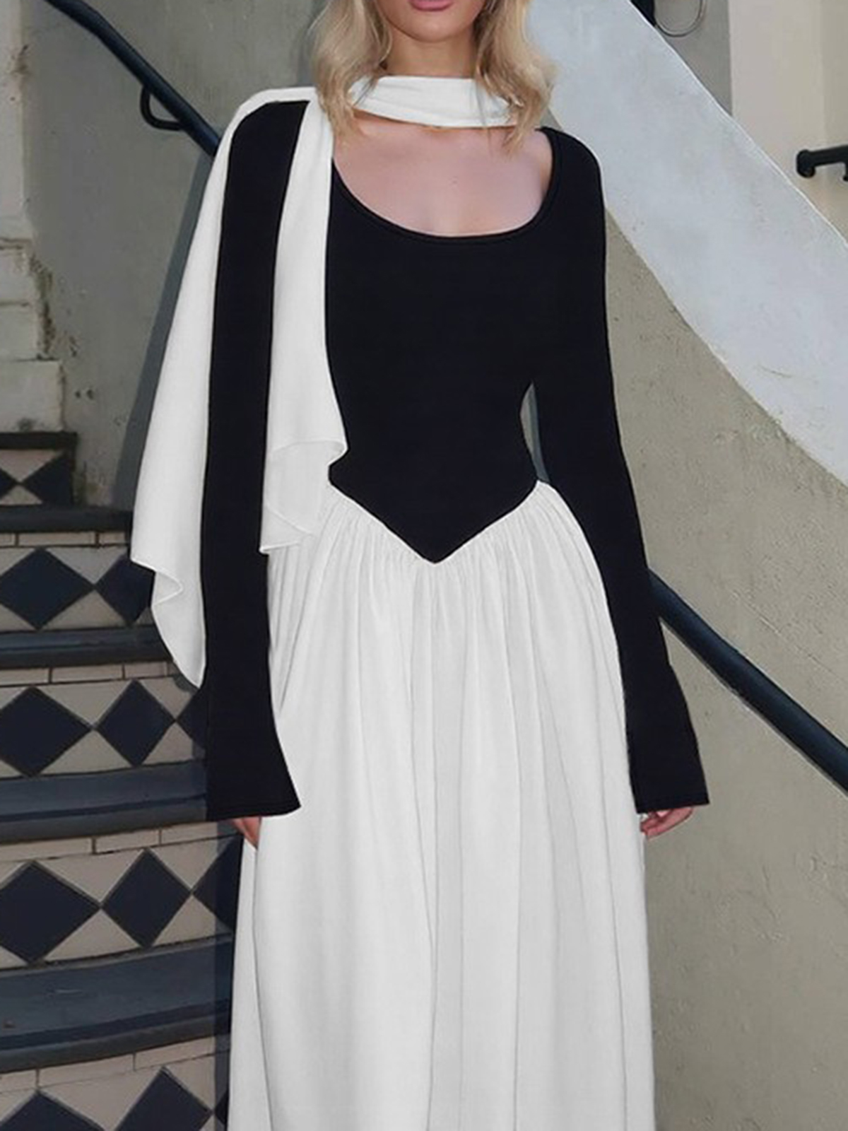 Long-Sleeved Contrast-Color Paneled Dress