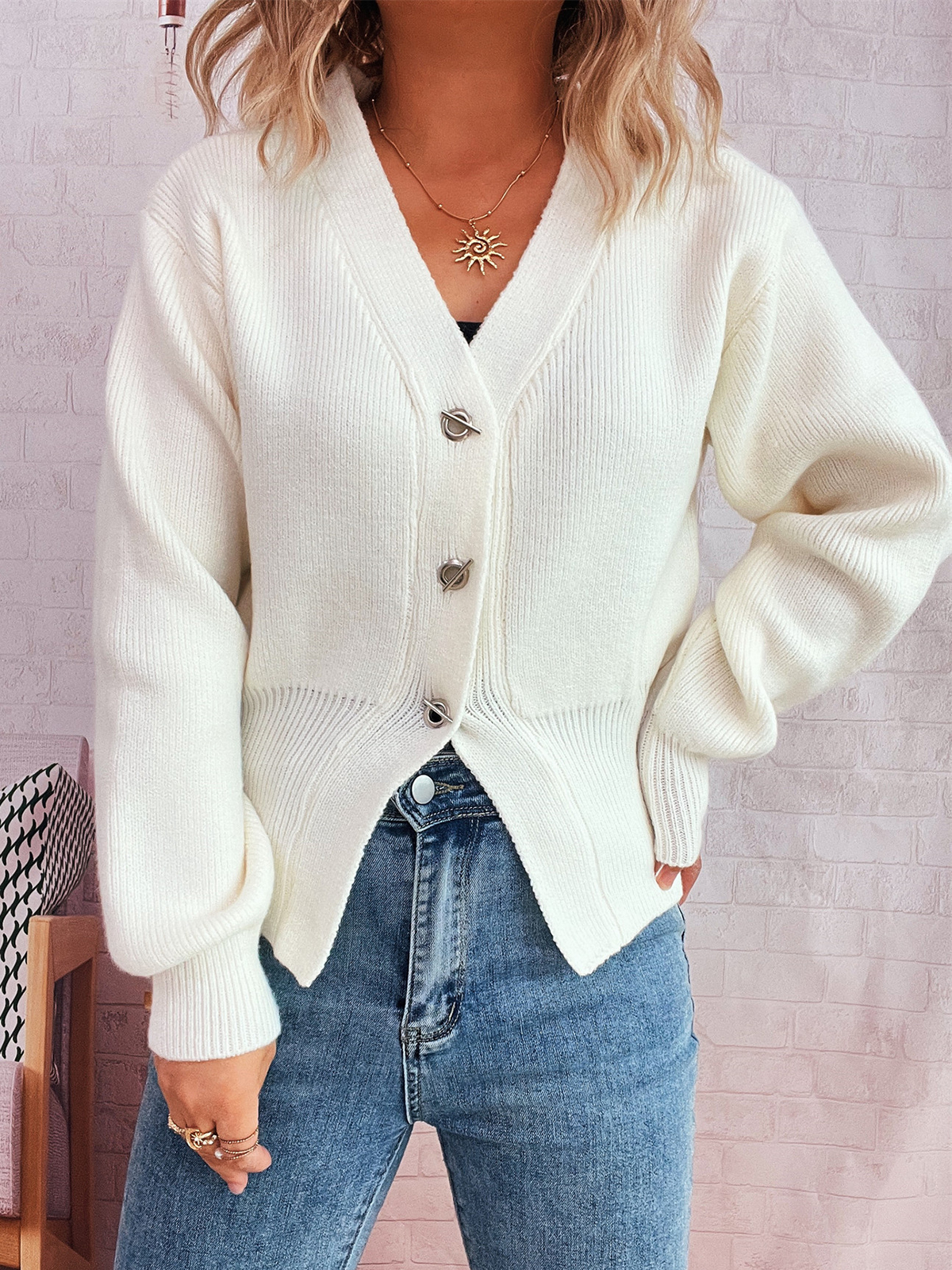 Women's Waisted Metal Button Cardigan