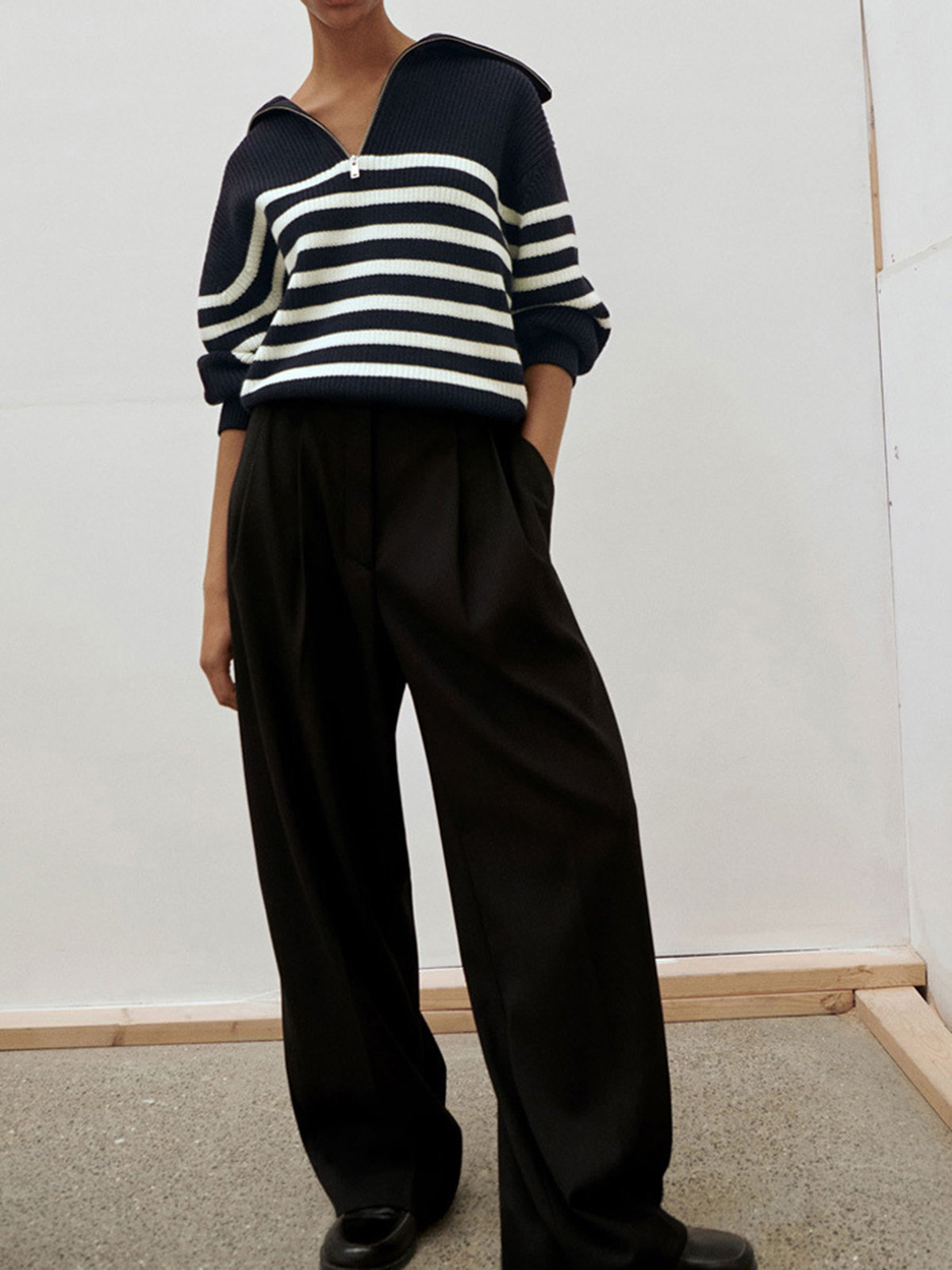 Women's Lapel Striped Pullover Zipper Sweater