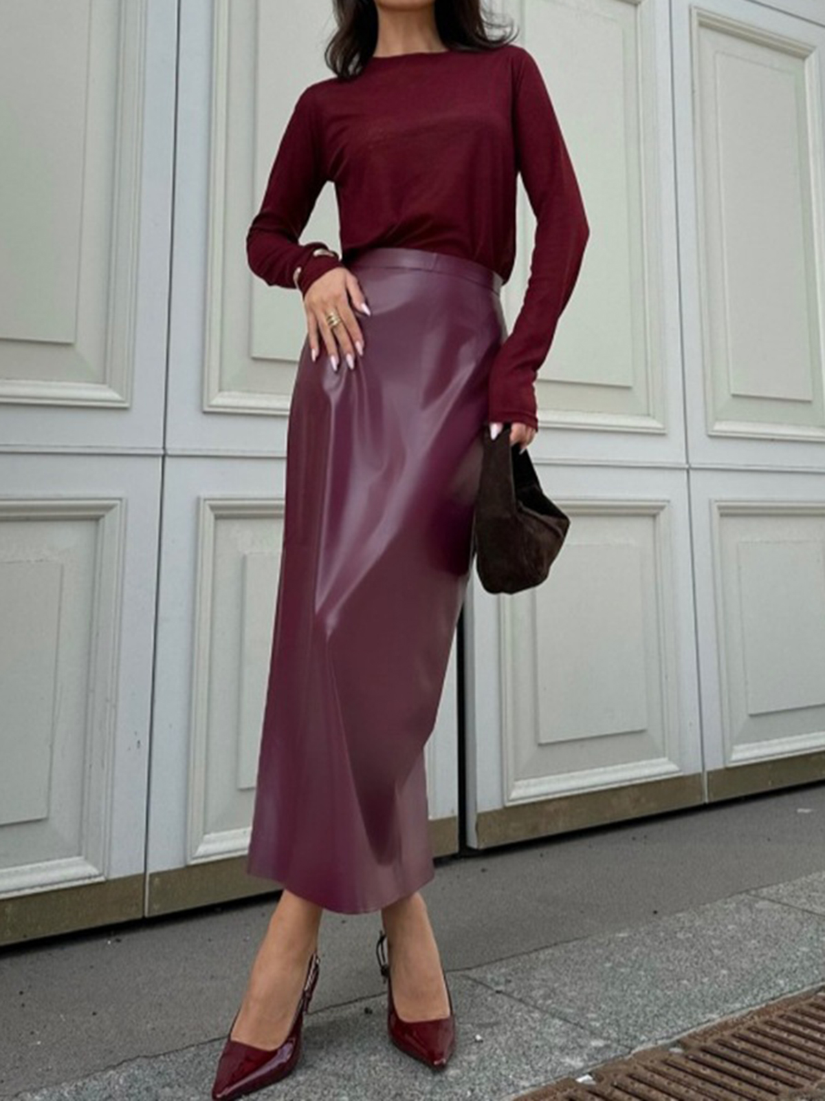 High Waisted Slit Hip Leather Skirt